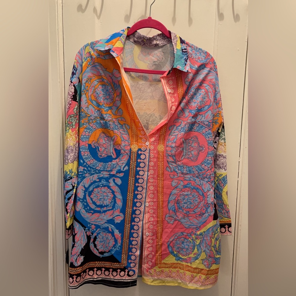 Thrifted vintage scarf multi-color button down blouse, size M